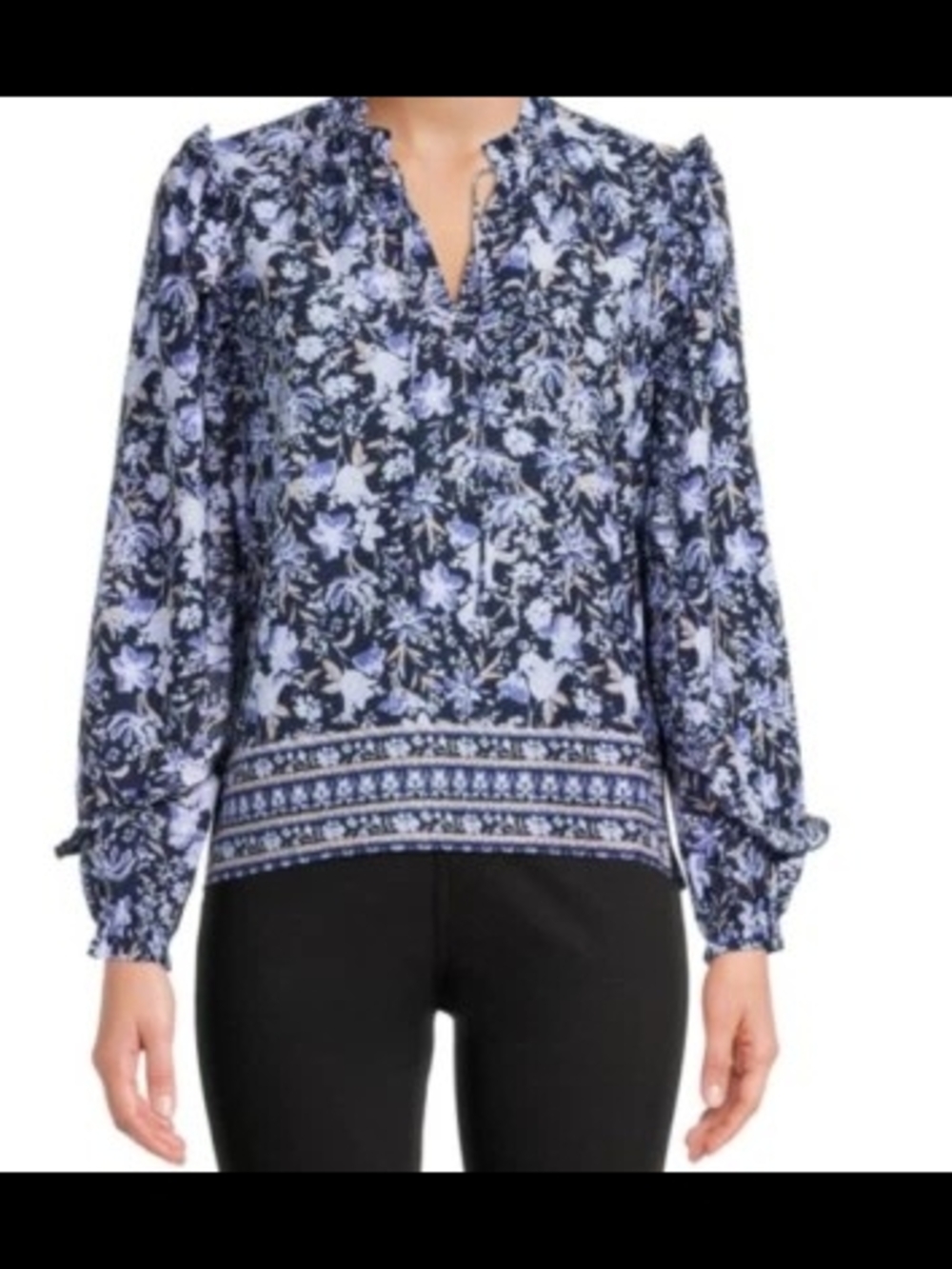 Time and Tru Navy and Light Blue Floral Border-Hem Peasant Blouse